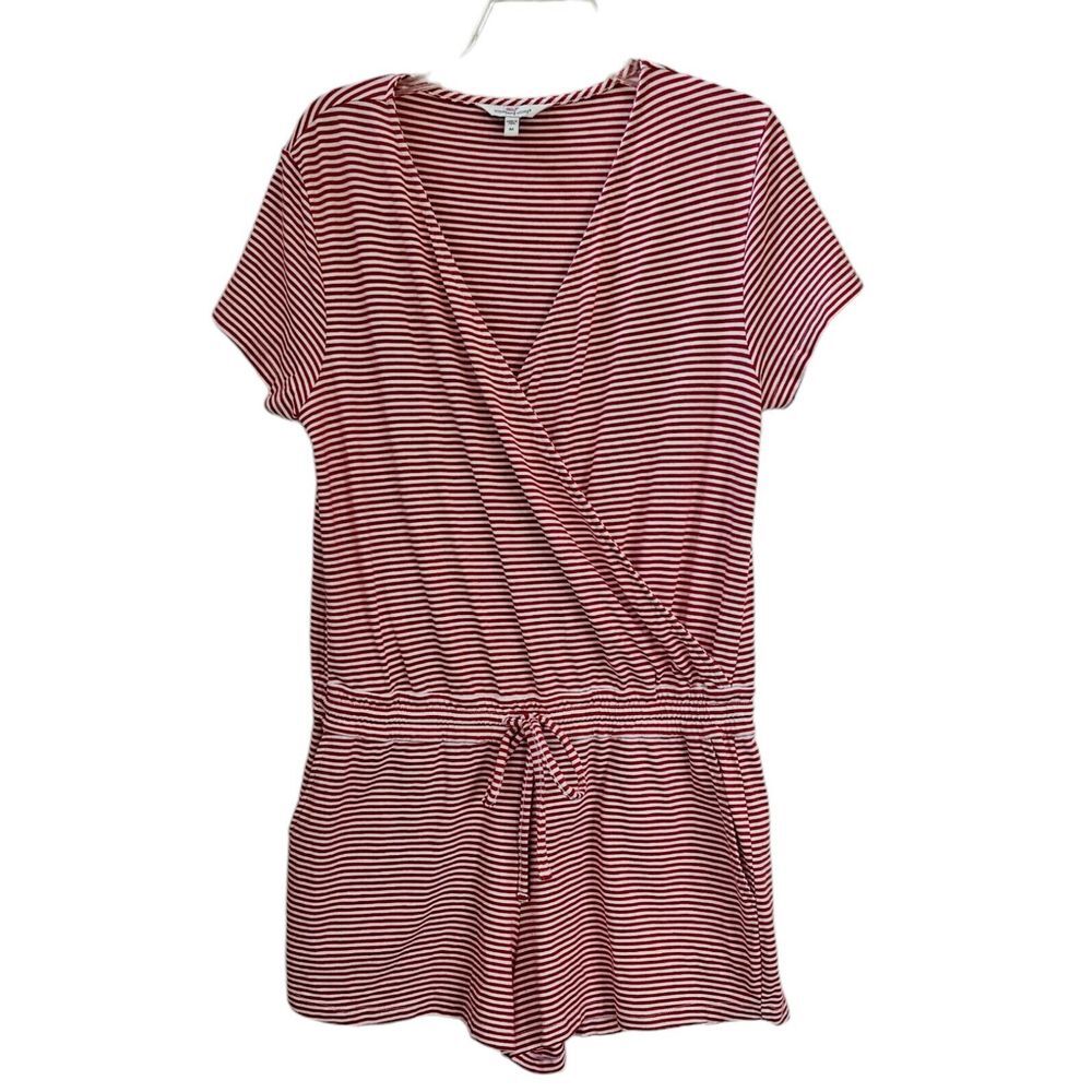 Vineyard Vines M Knit Red Velvet Stripe Crossover‎ Romper Pockets Casual Preppy